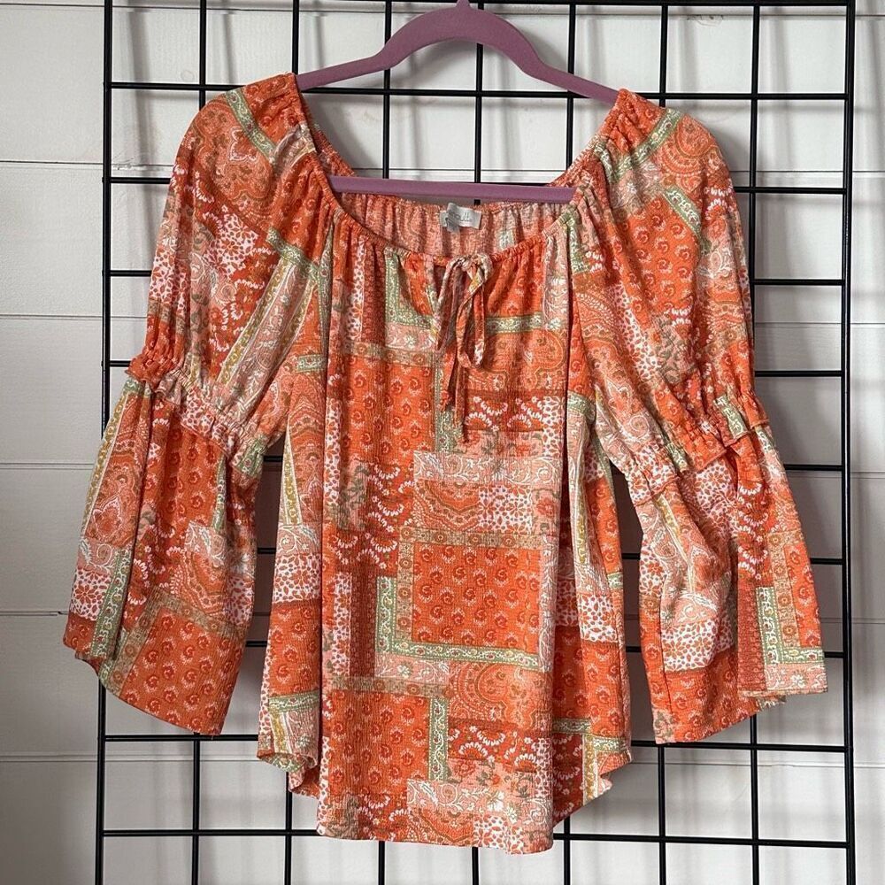 Chenault Floral‎ Print Peasant Top Womens S Orange Flutter Blouson Sleeve
